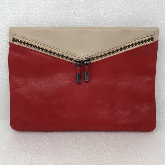 Massimo Dutti Clutch Red & Beige Leather Colorblock Envelope Style Purse - Picture 3 of 16